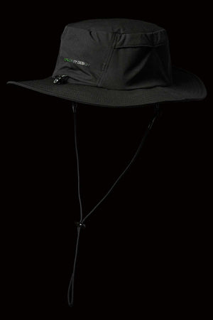 The FXD CP-14 Boonie Hat in black offers sun protection, lightweight construction, an adjustable chin strap, and a zippered side pocket—all showcased on a black background.