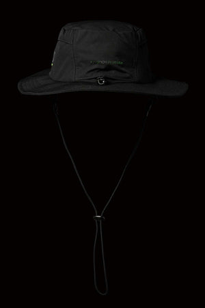 The FXD CP-14 Boonie Hat, shown in black with a wide brim and chin strap on a plain black background, features subtle front text and offers lightweight construction with excellent sun protection.