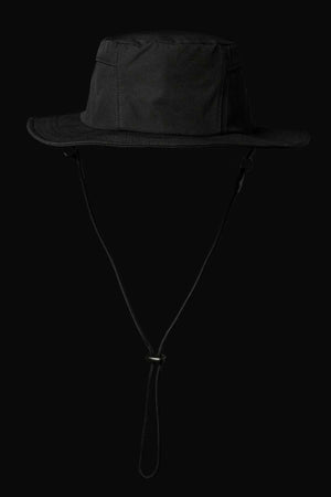 The FXD CP-14 Boonie Hat features a wide brim, adjustable chin strap, sun protection, and lightweight construction in black, shown against a solid black background.