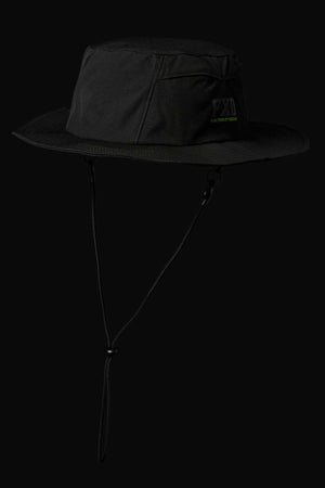 The FXD CP-14 Boonie Hat in black offers sun protection with a wide brim, chin strap, and subtle side logo, shown on a dark background.