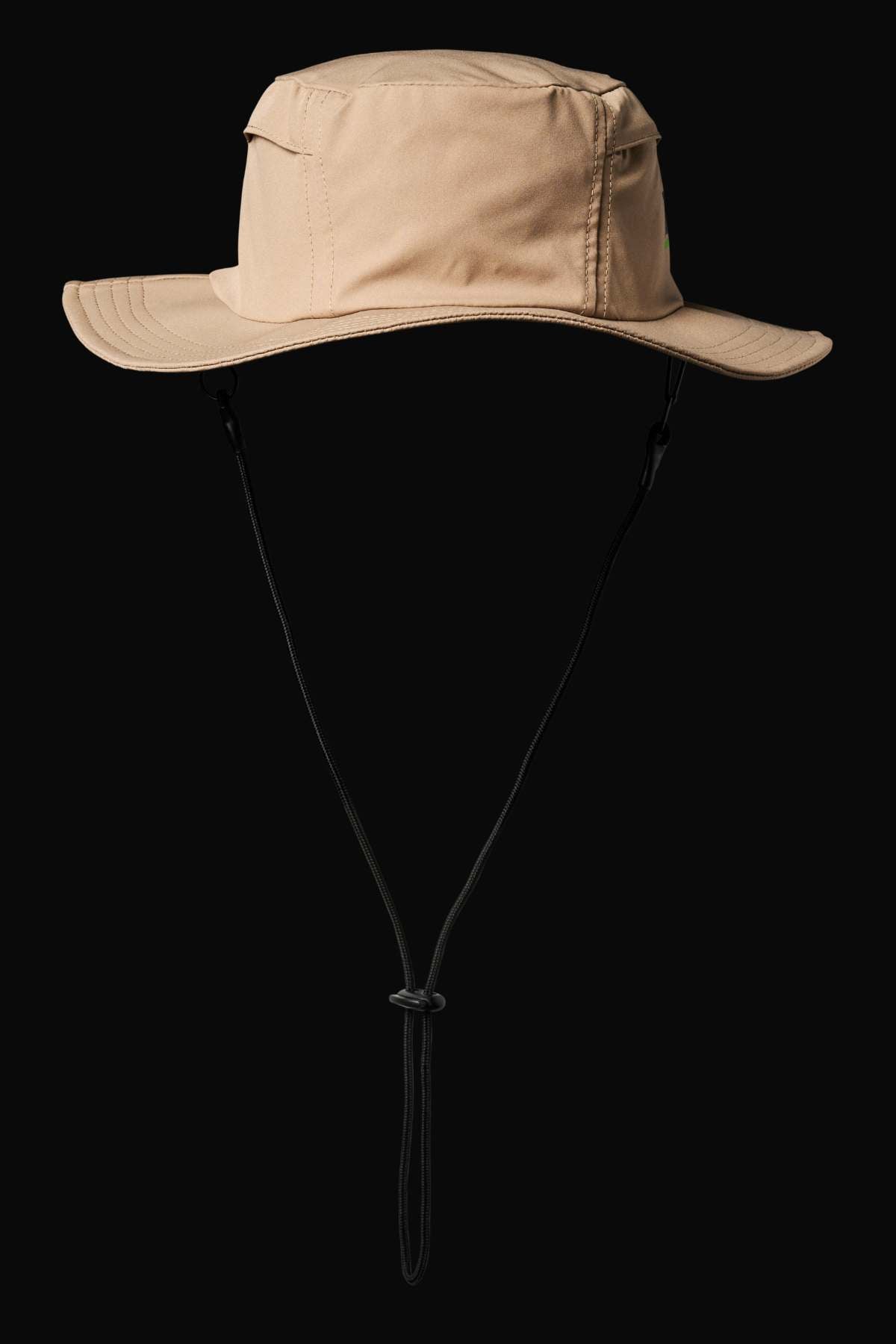 The FXD CP-14 Boonie Hat is a tan wide-brimmed sun hat with a chin strap, set against a black background. Made of quick-drying fabric, it's perfect for outdoor activities and offers ample sun protection for the face.