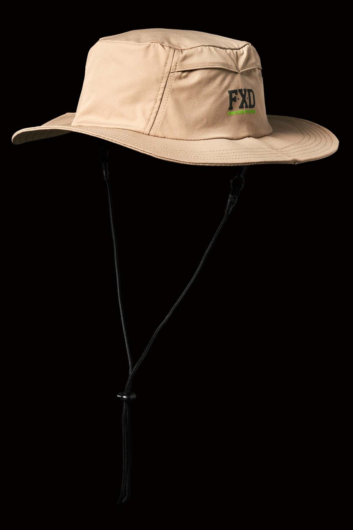 The FXD CP-14 Boonie Hat in beige provides sun protection with a wide brim and chin strap, featuring "FXD" embroidered in green and black on the front against a black background.