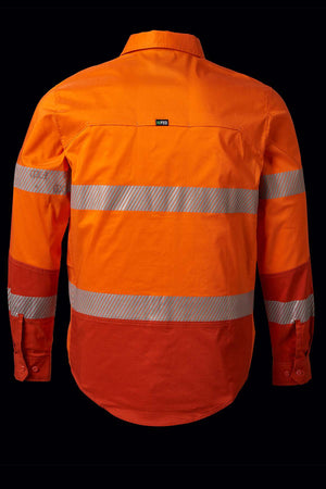 The FXD LSH-2T Stretch Taped Hi Vis Long Sleeve Work Shirt is a vibrant orange long-sleeve work shirt with reflective silver tape around the chest, back, and arms. This Hi-Visibility Class D/N shirt features a button-down design with a collar and buttoned cuffs, making it suitable for high-visibility work environments.