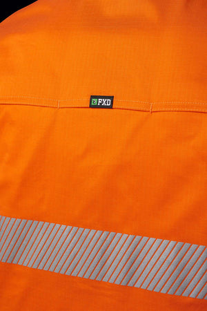 Close-up of the back of an FXD LSH-2T Stretch Taped Hi Vis Long Sleeve Work Shirt in orange, featuring a 50mm reflective tape band across the center and an "FXD" logo tag above it. The fabric is a durable 145gsm stretch ripstop, ensuring both comfort and resilience.