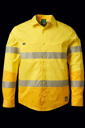 The FXD LSH-2T Stretch Taped Hi Vis Long Sleeve Work Shirt in bright yellow features reflective silver tape around the chest, sleeves, and torso. This shirt comes with a button-up front, a collar, and has a small green logo tag near the bottom hem.