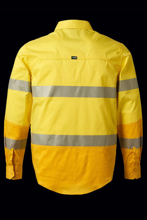 The FXD LSH-2T Stretch Taped Hi Vis Long Sleeve Work Shirt is a long-sleeved, high-visibility yellow shirt with reflective tape across the back and arms. The shirt features a collar and buttoned cuffs, set against a black background to highlight its vibrant color and reflective properties.