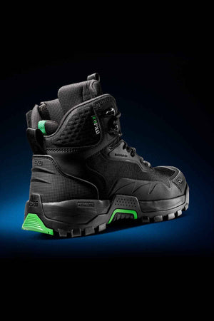 The FXD WB-6 Work Boot, a stylish black and green hiking boot, is showcased against a dark gradient background. It boasts a rugged sole, reinforced toe, padded ankle support with PORON® heel insert, and a secure lacing system. The advanced synthetic upper design is accented with bright green highlights, adding a modern touch.