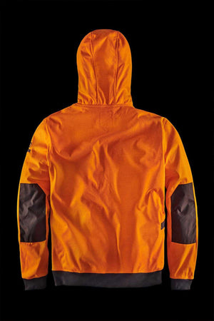 The FXD WF-1 Hoodie, seen from the back, is a bright orange, windproof garment with a front zipper. It features black elbow patches and a black ribbed hem. The hood is up, concealing the collar area of this stylish UPF50+ hoodie. The product is showcased against a solid black background.