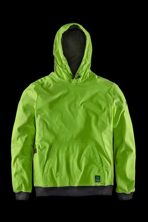 The FXD WF-1 Hoodie is a lime green hooded sweatshirt featuring a front pouch pocket and black drawstrings. The cuffs and waistband come in a darker shade for contrast, adding to its stylish design. Made from windproof fleece, it includes a logo patch near the bottom of the pouch pocket and a small emblem on the left sleeve.