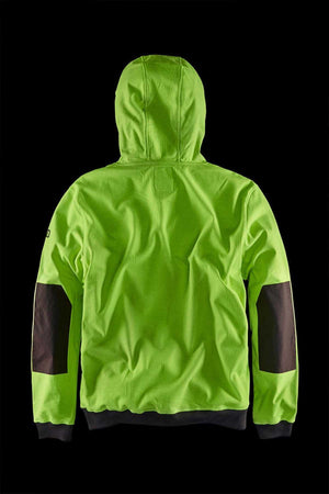 The FXD WF-1 Hoodie is displayed from the back against a black background, showcasing its bright green, water-resistant fabric. The hoodie features black accent patches on the elbows and a black hem at the bottom. The hood is up, highlighting the textured material of the fabric.