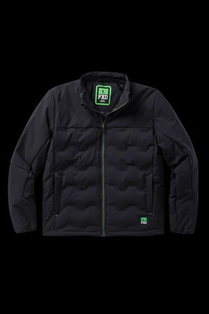 The FXD WO-5 Jacket in black is a puffer with a front zipper, stand-up collar, DWR finish, and green FXD branding on the inside neck label and front pocket, shown against a black background.