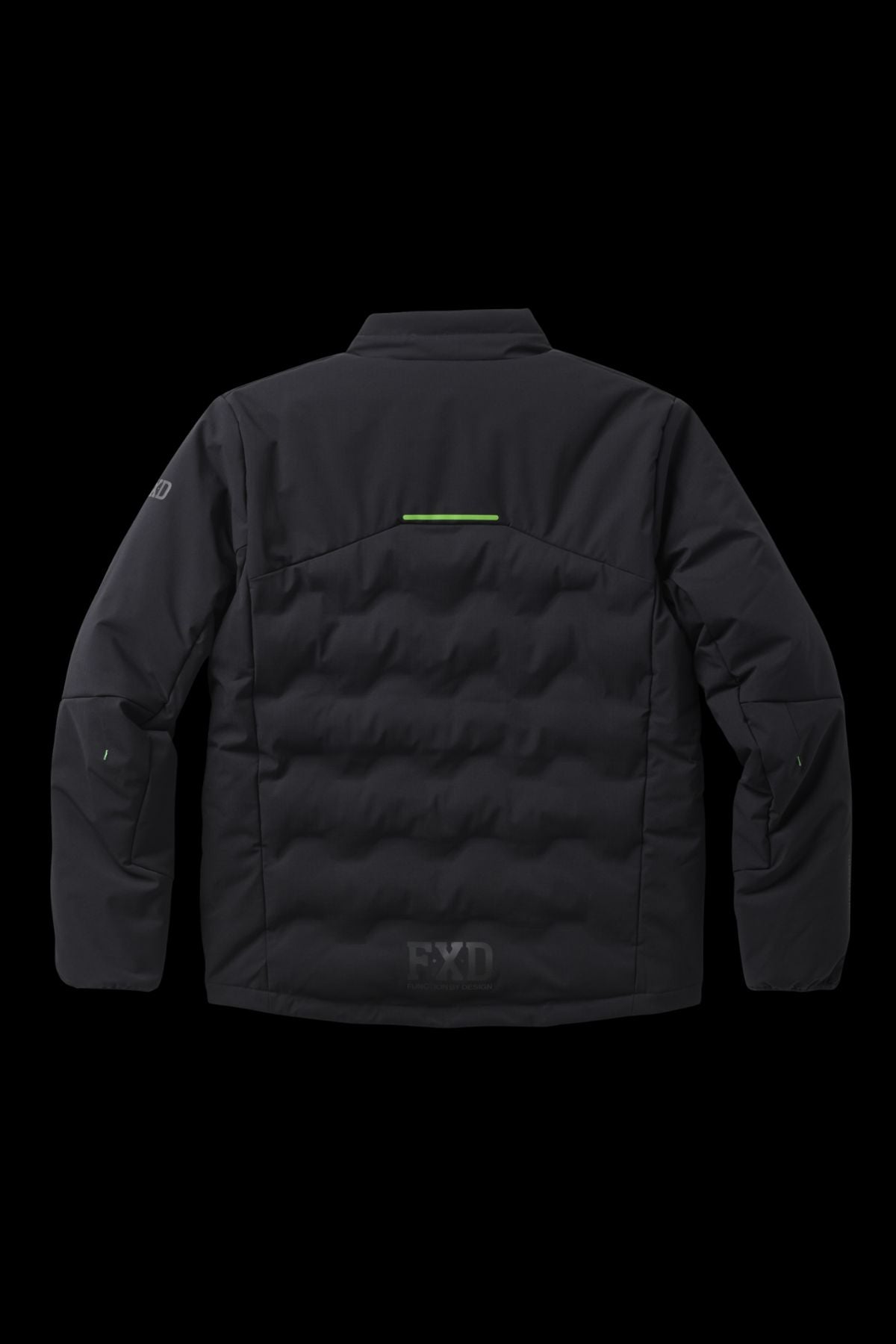 FXD WO-5 Jacket shown from the back, crafted from stretch polyester with a high collar, subtle green accent on the upper back, "FXD" logo at the lower hem, and detailed stitching on arms and shoulders.