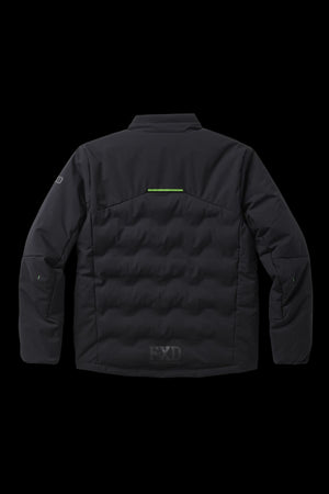 FXD WO-5 Jacket shown from the back, crafted from stretch polyester with a high collar, subtle green accent on the upper back, "FXD" logo at the lower hem, and detailed stitching on arms and shoulders.