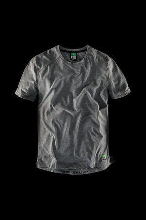 The FXD WT-3 Tech Tee, in a charcoal grey color with short sleeves and a naturally wrinkled appearance, is showcased against a black backdrop. Crafted from recycled polyester, the shirt features a small green and black label near the hem and has a circular neckline. The text "FXD" and "Function by Design" is prominently displayed on the tee.