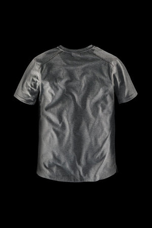 The FXD WT-3 Tech Tee, a gray short-sleeved T-shirt made from recycled polyester, is displayed against a black background. The back of this comfortable, solid-colored tee is shown, revealing subtle creases in the fabric.