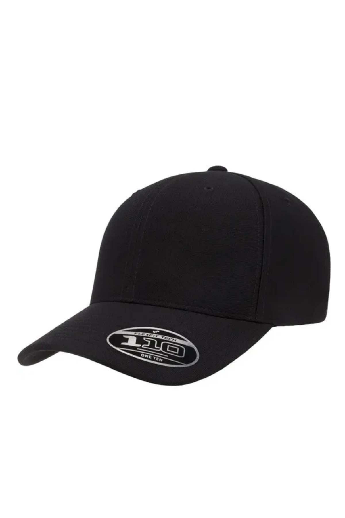 The FlexFit Cool Dry Cap is a plain black baseball cap with a curved brim, made from moisture-wicking honeycomb weave fabric. A product details sticker is on the brim. Shown against a white background.