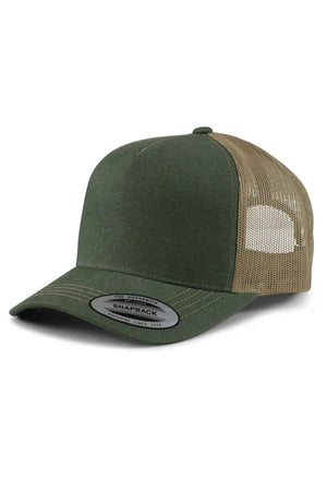The FlexFit American Stitch Trucker Cap is a high-profile green and beige cap with a curved brim, featuring a solid green front panel and a beige mesh back. It offers a perfect fit with its snapback strap, and the brim has a sticker that reads "Snapback.