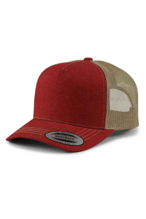 The FlexFit American Stitch Trucker Cap is showcased, featuring a striking red front panel and a tan mesh back. It boasts a curved bill with a "Snapback Strap" sticker on the brim, embodying contemporary style in modern headwear.