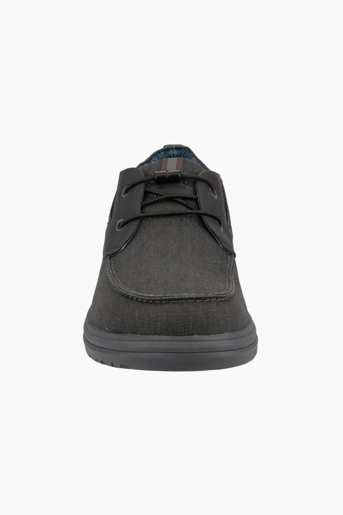 Front view of the Florsheim Brew City Canvas Lace Sneaker in dark gray, featuring black laces, a textured canvas upper, cushioned footbed, and durable rubber sole against a plain white background.
