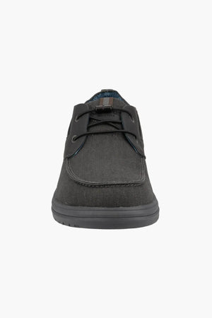 Front view of the Florsheim Brew City Canvas Lace Sneaker in dark gray, featuring black laces, a textured canvas upper, cushioned footbed, and durable rubber sole against a plain white background.
