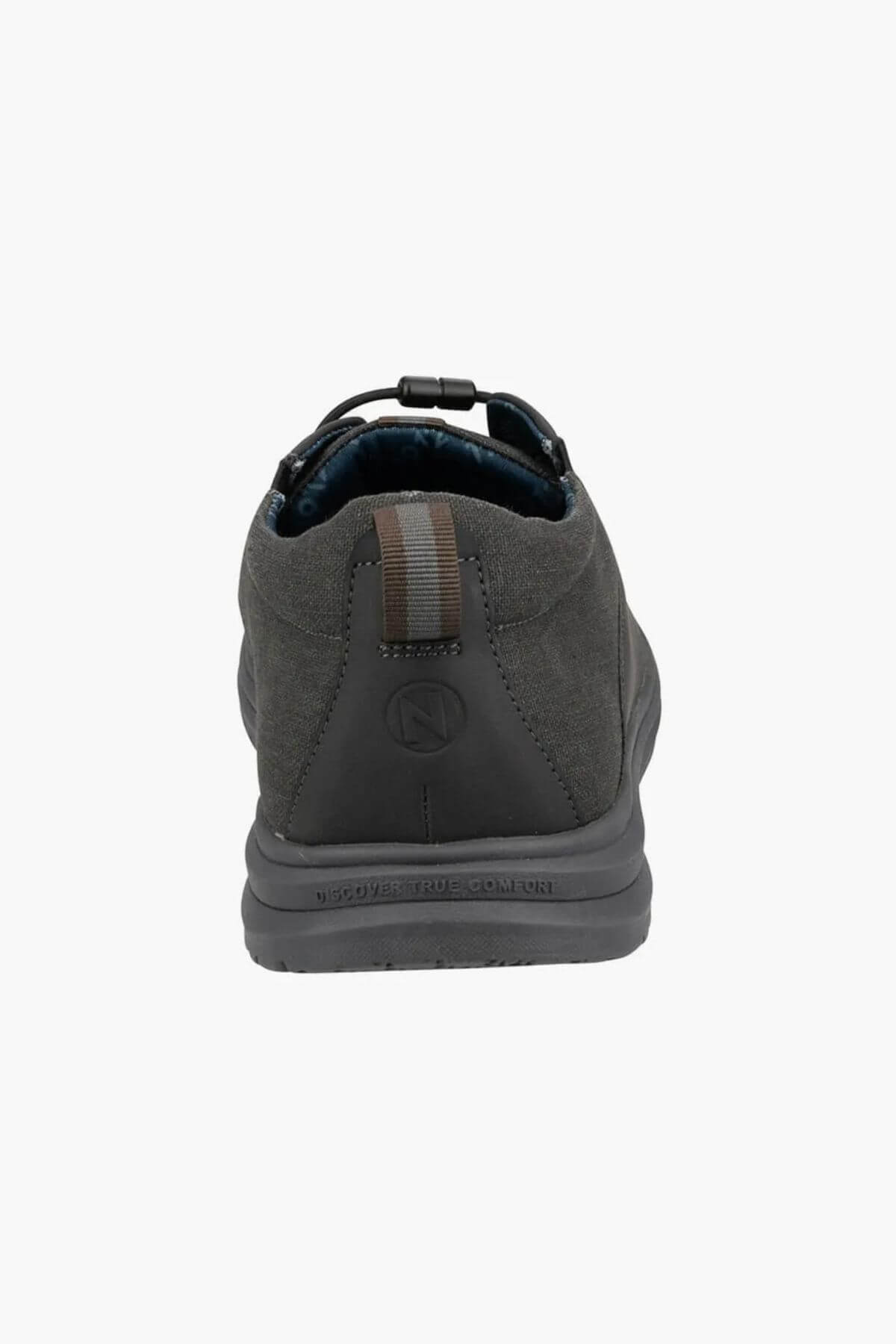 Rear view of the Florsheim Brew City Canvas Lace Sneaker in gray, with a brown and beige pull tab on the heel, textured EVA sole, and cushioned footbed, shown against a plain white background.