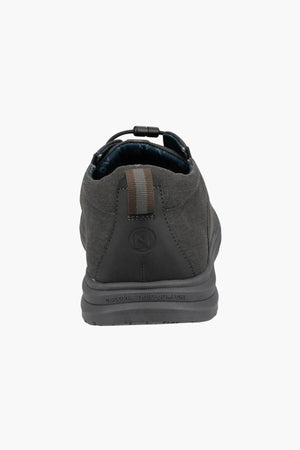 Rear view of the Florsheim Brew City Canvas Lace Sneaker in gray, with a brown and beige pull tab on the heel, textured EVA sole, and cushioned footbed, shown against a plain white background.