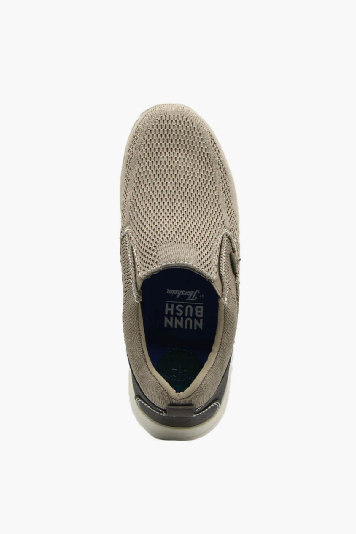 Top view of the Florsheim Conway Knit Moc Toe Slip On in beige, featuring a breathable mesh upper, memory foam insole, and lightweight EVA/rubber outsole for comfort. Positioned on a plain white background.