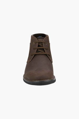 Front view of the Florsheim Otto Chukka Boot displays its rich brown leather upper, dark shoelaces, and black sole against a white background.