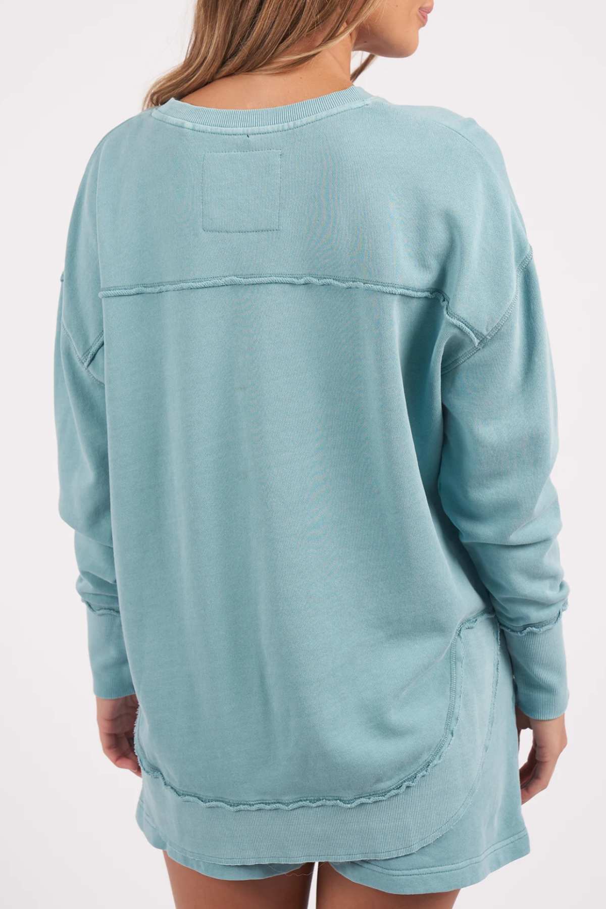 A person with long, light brown hair is wearing an oversized Foxwood Simplified Crew in pastel blue, characterized by visible seams and raw edges. The person is facing away from the camera, showcasing the back of the sweatshirt against a plain white background.