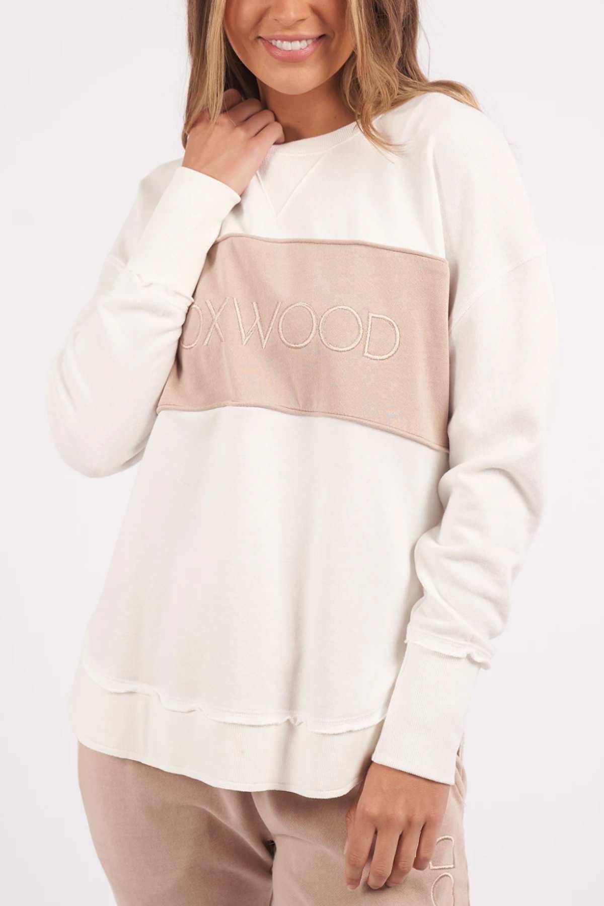 Foxwood Simplified Tonal Crew - Vintage White. Front facing image of jumper on model.