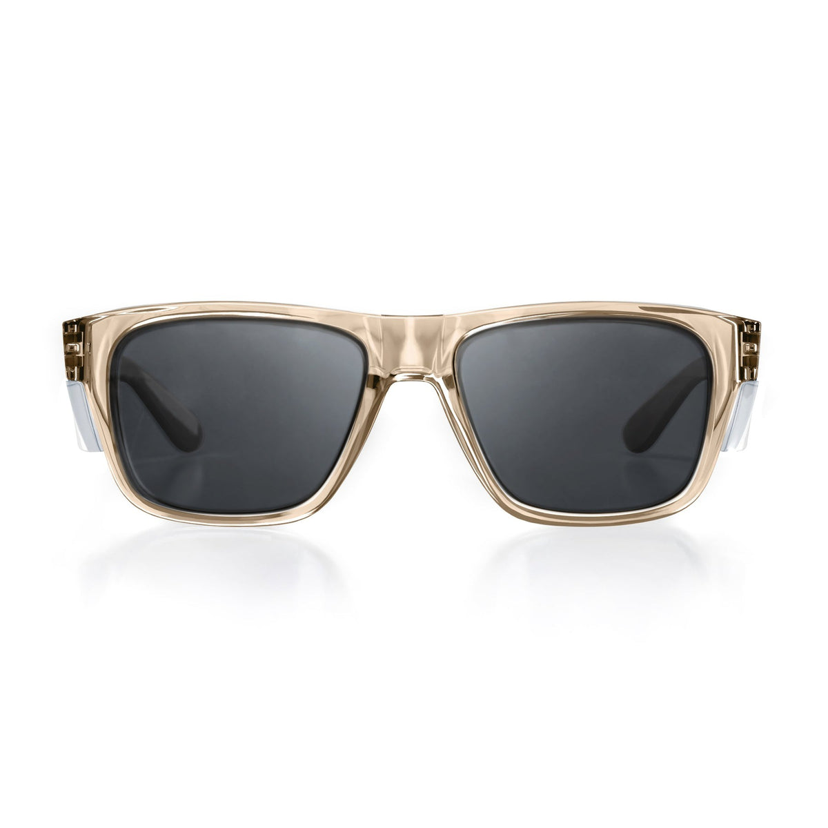 The SafeStyle Fusions sunglasses feature a transparent golden frame with dark polarised lenses for UV protection. Broad arms boast reflective silver accents near the hinges, adding elegance against a plain white background.