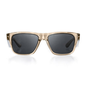 The SafeStyle Fusions sunglasses feature a transparent golden frame with dark polarised lenses for UV protection. Broad arms boast reflective silver accents near the hinges, adding elegance against a plain white background.