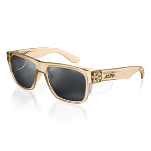The SafeStyle Fusions boast champagne rectangular frames with dark, polarised lenses. "Elvis Presley" is engraved near the hinges on the arms, blending UV protection with iconic style.