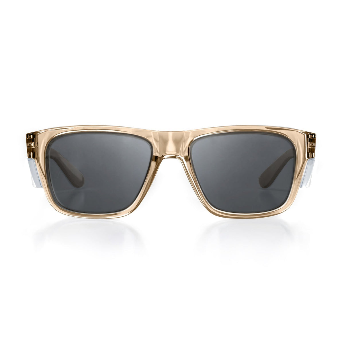 SafeStyle Fusions Champagne Frame Tinted Lens sunglasses feature transparent, light gold polycarbonate frames and dark gray UV400 lenses, displayed against a white background.