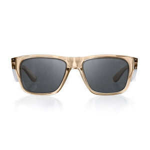 SafeStyle Fusions Champagne Frame Tinted Lens sunglasses feature transparent, light gold polycarbonate frames and dark gray UV400 lenses, displayed against a white background.