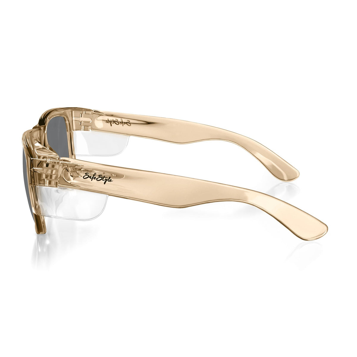 Side view of SafeStyle Fusions Champagne Frame Tinted Lens sunglasses with gold-toned polycarbonate frames, tinted lenses, wide glossy arms, and a small signature logo on the temple for style and comfort.