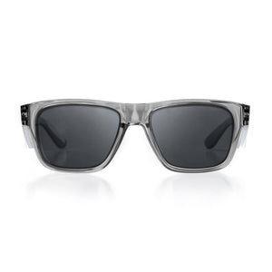 The SafeStyle Fusions feature square transparent polycarbonate frames with dark, polarized lenses for UV protection, shown front-facing on a white background.