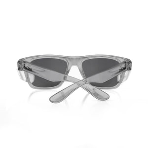 SafeStyle Fusions feature clear, rectangular sunglasses with polycarbonate frames and dark polarized lenses. Crossed temples have a small black logo, providing style and UV protection.