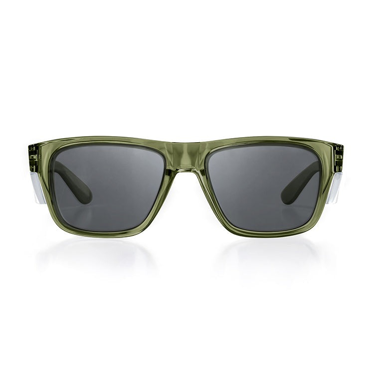 The SafeStyle Fusions sunglasses feature green-tinted, rectangular lenses with UV400 protection and polycarbonate frames with white hinges, shown front-facing on a plain white background.