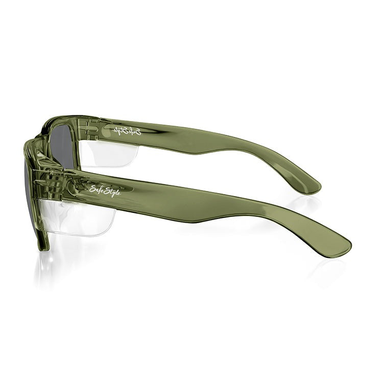 Side view of SafeStyle Fusions Green Frame sunglasses with polarised dark lenses and wide transparent polycarbonate arms, featuring a cursive logo on the side. The modern, sleek design offers UV400 protection.