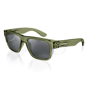 SafeStyle Fusions feature green glossy rectangular polycarbonate frames with dark UV400 protected lenses. The temples have a slight curve, and the brand name is engraved on the sides.