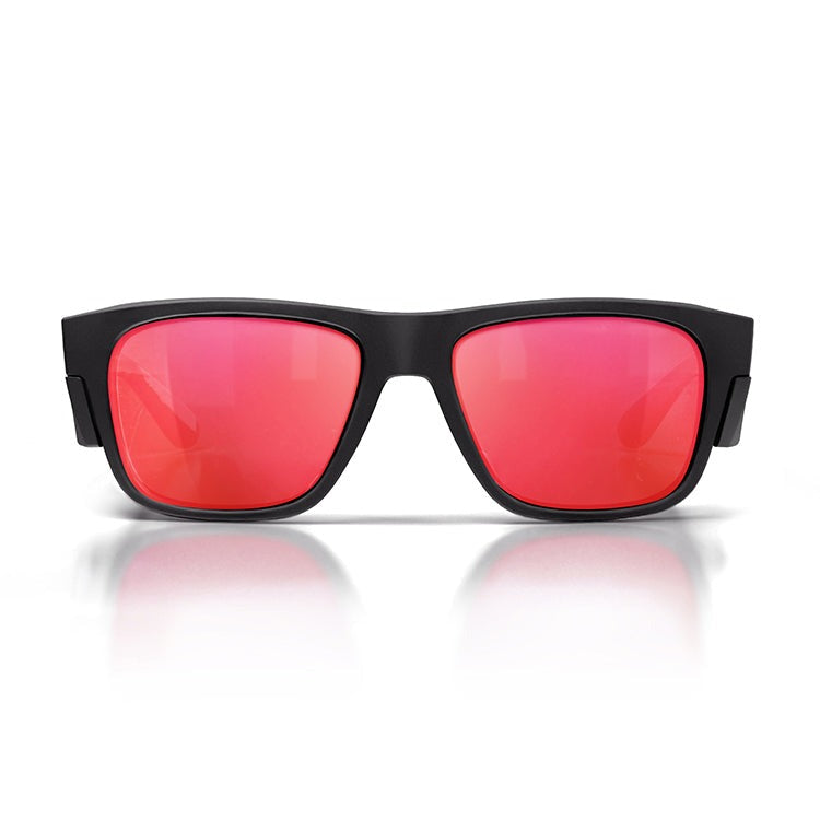 Display a pair of SafeStyle Fusions with a matte black frame and mirror red polarised lenses against a white background. The reflective lenses offer UV protection and create a stylish, modern look.