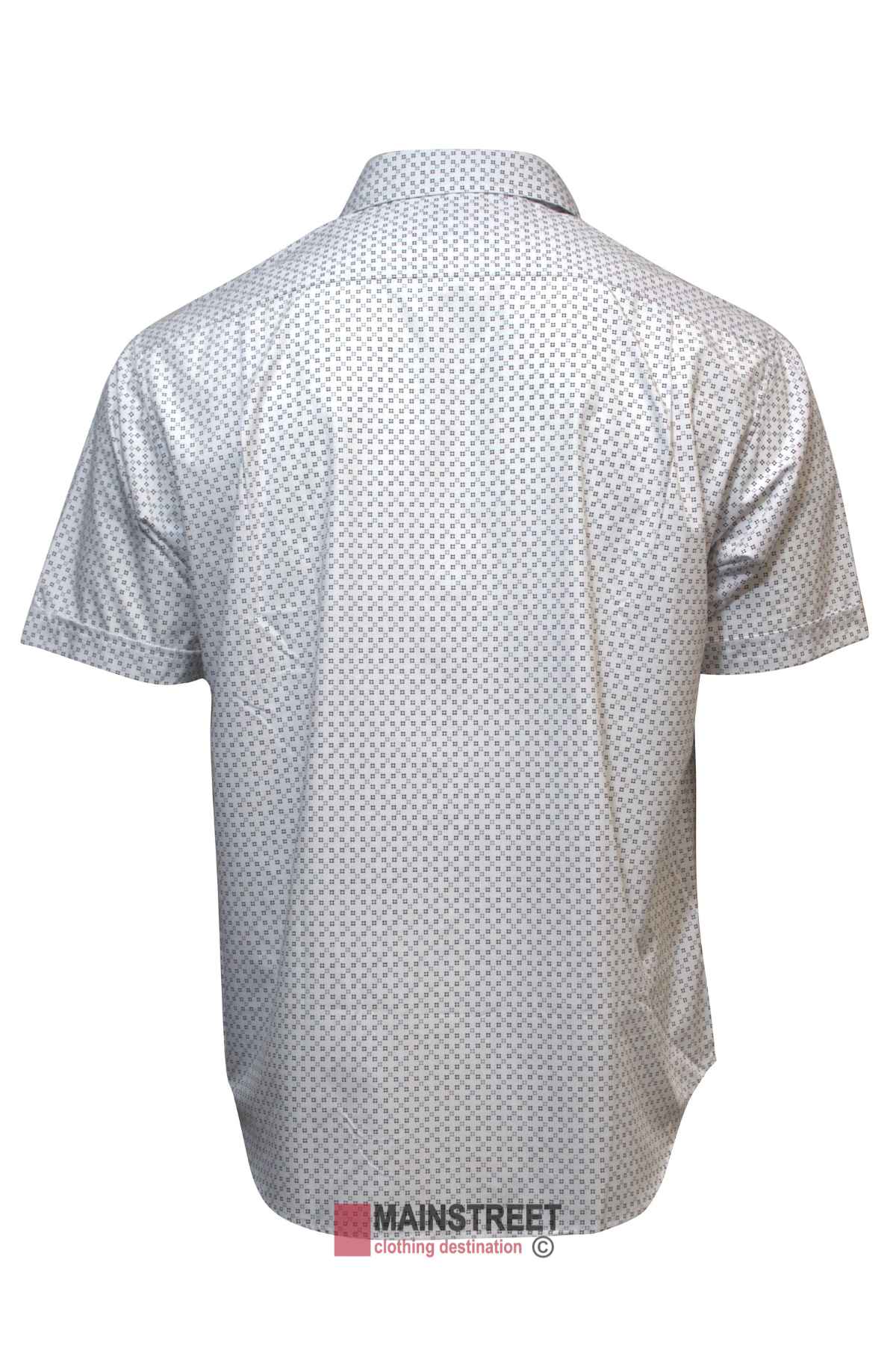 Presenting the back view of the Back Bay Bamboo Soft Touch Print Short Sleeve Shirt, showcasing a subtle geometric pattern in grey and white. Made with bamboo soft touch fabric, this shirt is ideal for achieving a smart casual appearance. The image is set against a plain background featuring the "Mainstreet Clothing Destination" logo at the bottom.
