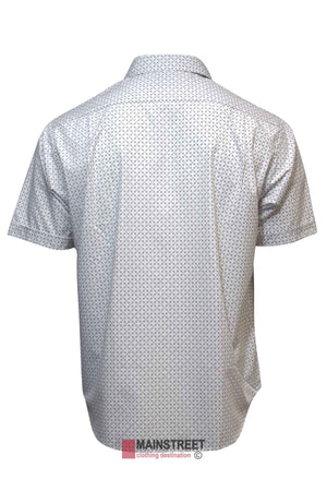 Presenting the back view of the Back Bay Bamboo Soft Touch Print Short Sleeve Shirt, showcasing a subtle geometric pattern in grey and white. Made with bamboo soft touch fabric, this shirt is ideal for achieving a smart casual appearance. The image is set against a plain background featuring the "Mainstreet Clothing Destination" logo at the bottom.