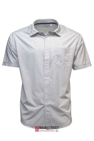 The Back Bay Bamboo Soft Touch Print Short Sleeve Shirt, ideal for achieving a smart casual style, features a small, subtle geometric pattern. This white button-up design includes a single chest pocket and is showcased on a mannequin against a plain white background.