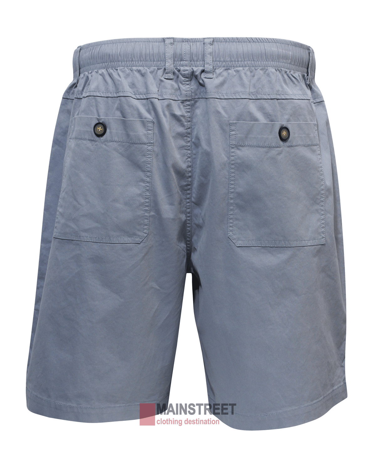 The Back Bay Cotton Elastic Bedford Short offers style and comfort. These gray men's shorts are made from 100% cotton, featuring an elastic waistband and two buttoned back pockets. Displayed on a white background with the "MAINSTREET clothing destination" logo below.