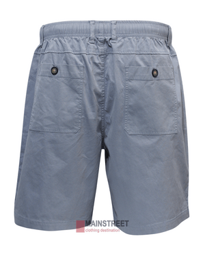 The Back Bay Cotton Elastic Bedford Short offers style and comfort. These gray men's shorts are made from 100% cotton, featuring an elastic waistband and two buttoned back pockets. Displayed on a white background with the "MAINSTREET clothing destination" logo below.