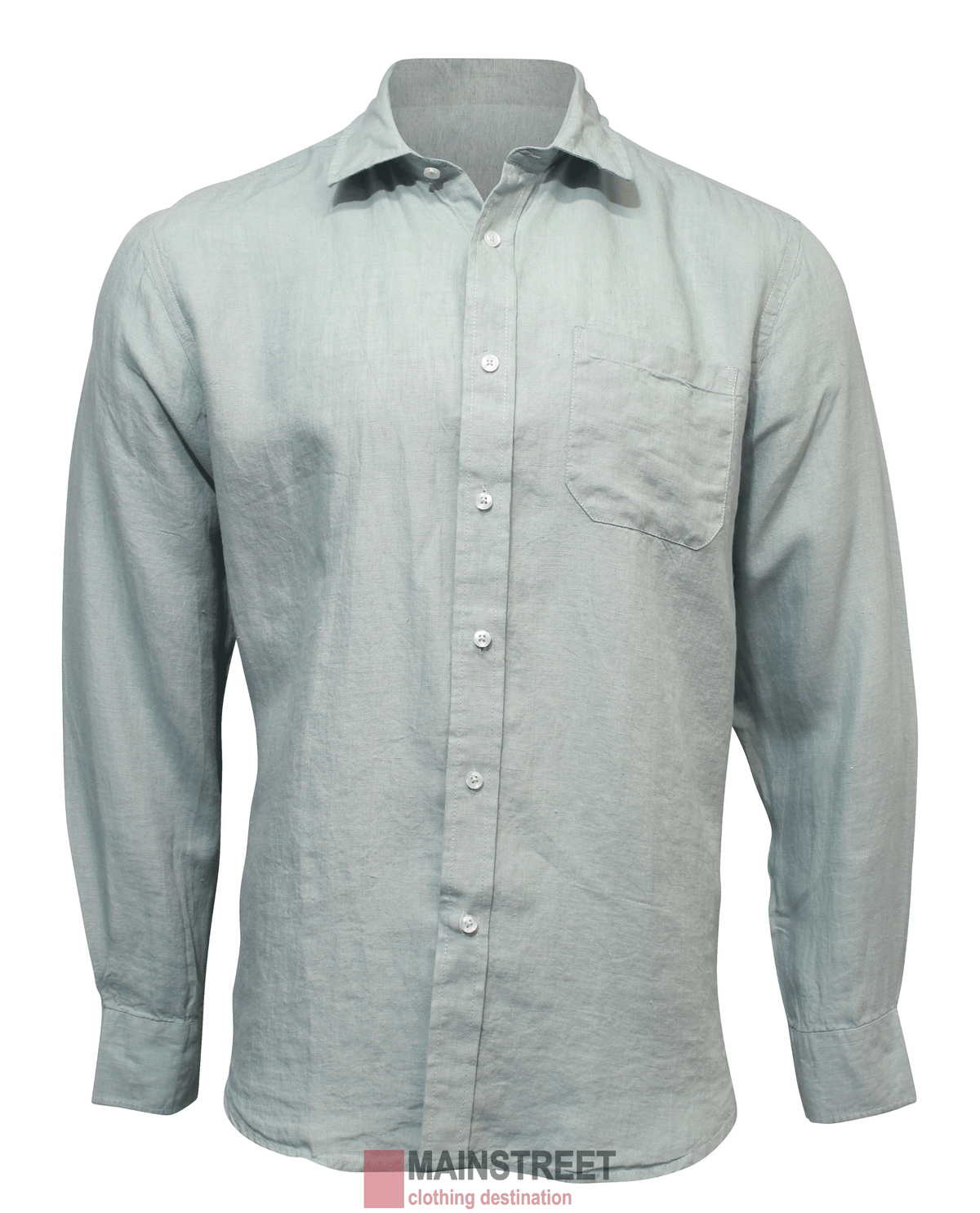 The Back Bay Linen Shirt, shown in light grey on a white background, features a classic collar and single chest pocket. Crafted from 100% linen, it offers comfort and style with a neatly pressed, timeless look.
