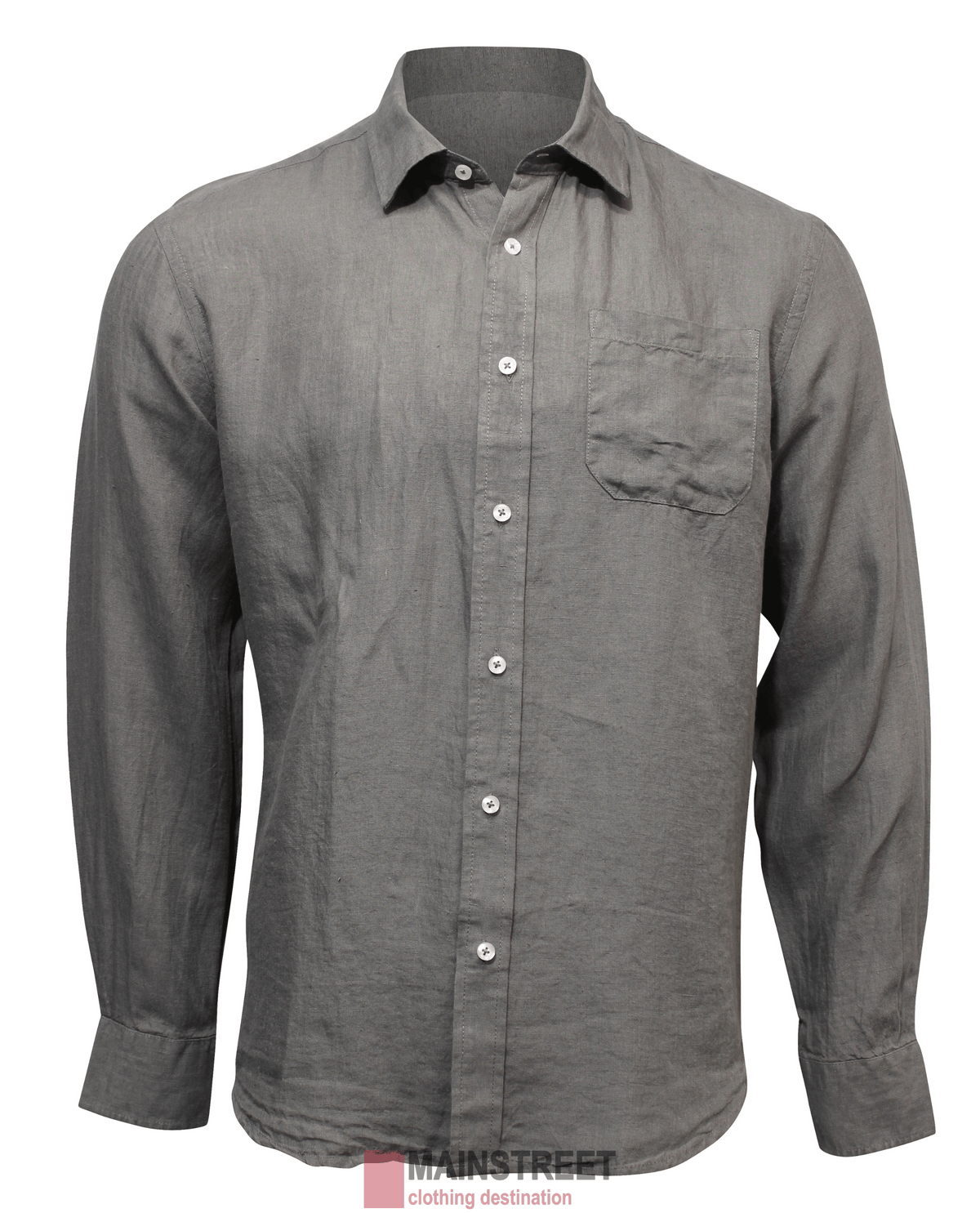 The Back Bay Linen Shirt is a gray, long-sleeve, button-up shirt with a single chest pocket, made from 100% linen for comfort and style, shown on a plain white background.