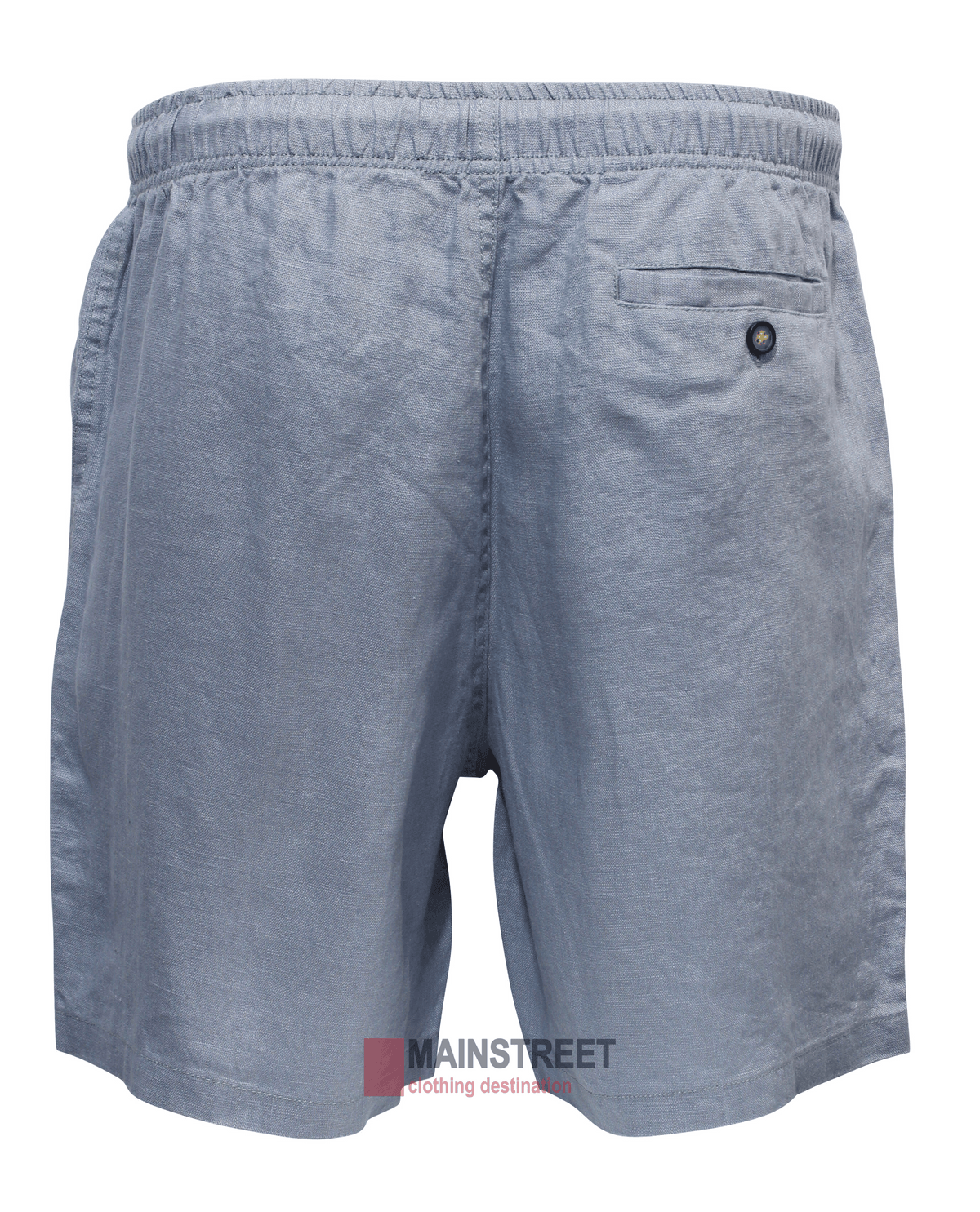 The Back Bay Linen Elastic Waist Short for men, shown in light gray from the back, features a single buttoned back pocket and is made with breathable fabric for all-day comfort.